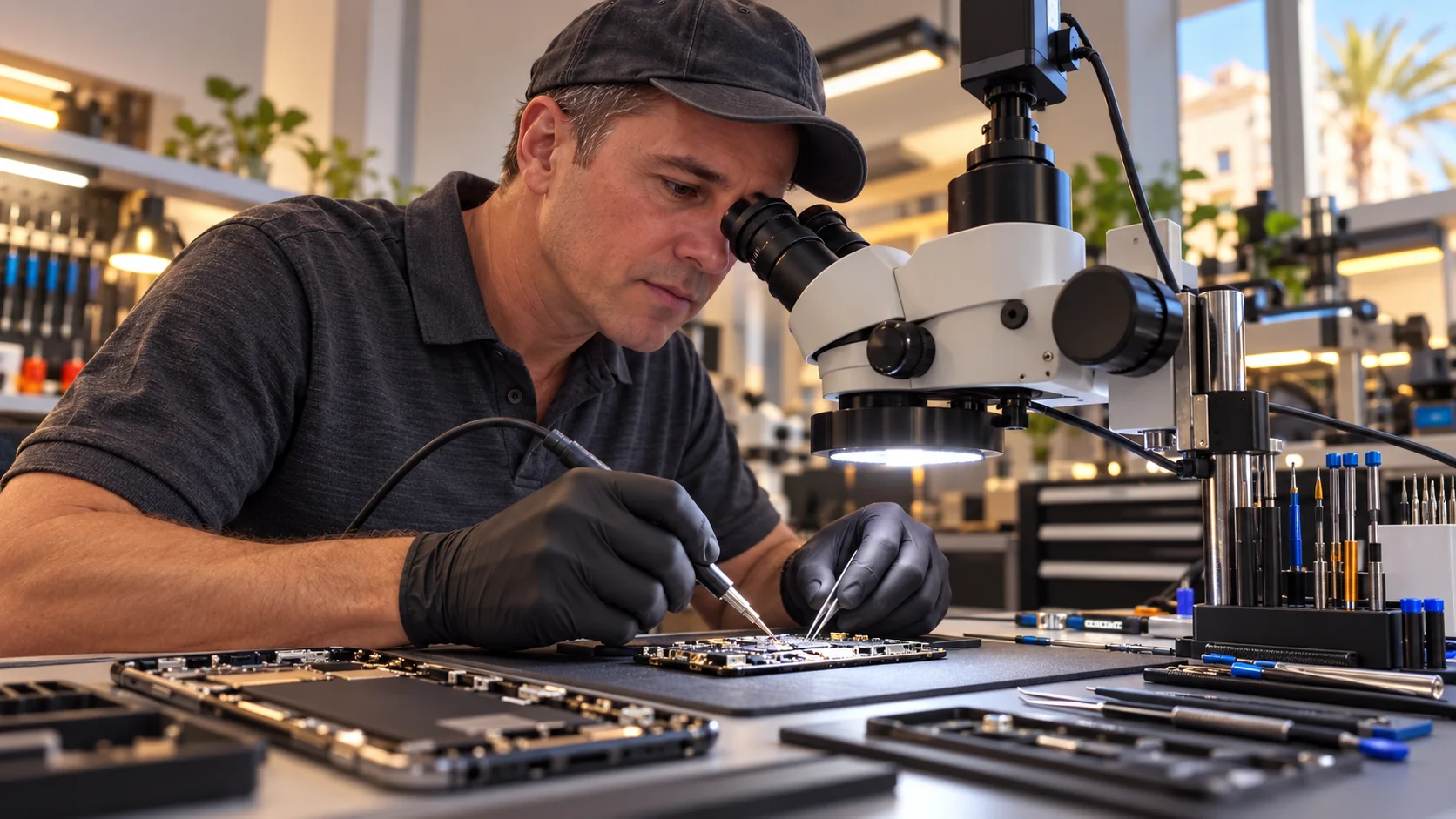 Guillermo realizando microsoldadura de una placa de iPhone en Alicante